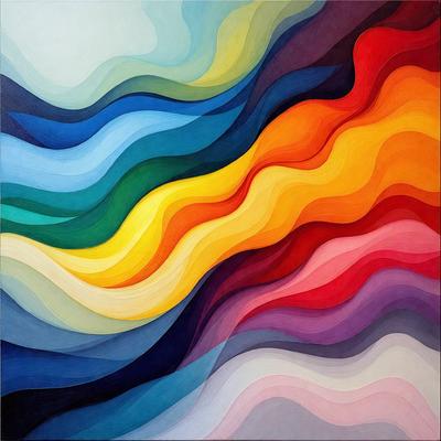 The primary subject of the image is a colorful painting featuring a variety of colors and patterns. The setting is a wall, and the visual style appears to be a combination of digital art and illustration. The dominant colors in the painting are blue, yellow, and red, creating a vibrant and lively atmosphere.
